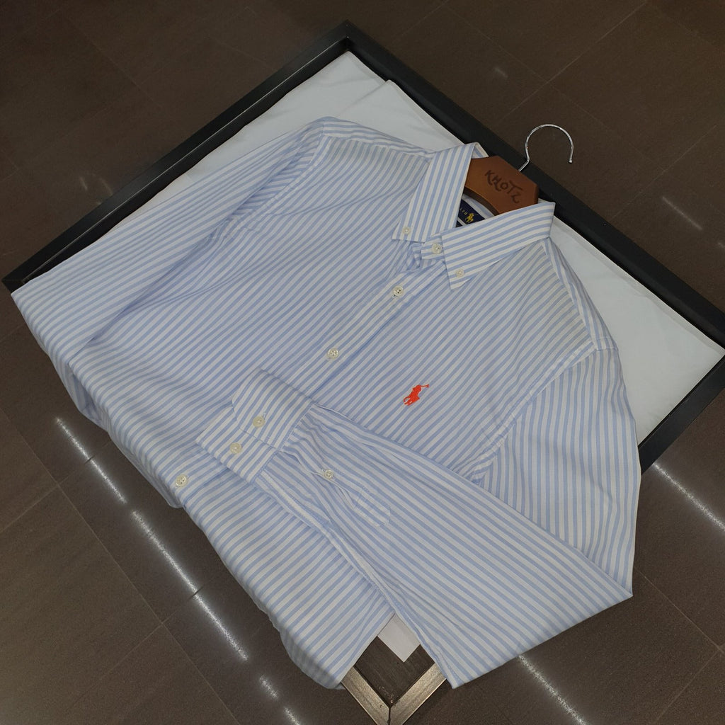 Camisa Ralph Lauren Masculina Azul Bebê Listras Americana Pony Laranja