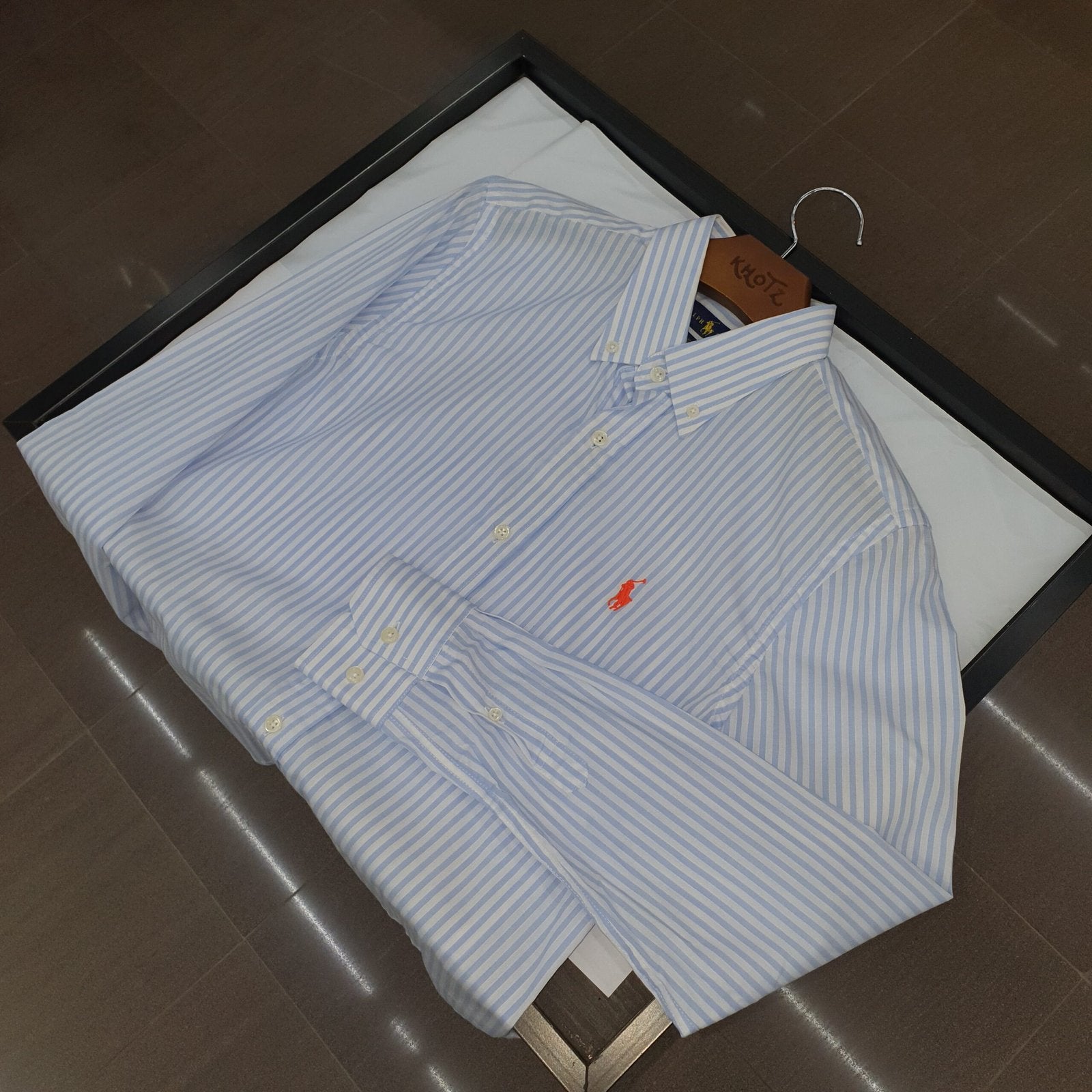 Camisa Ralph Lauren Masculina Azul Bebê Listras Americana Pony Laranja