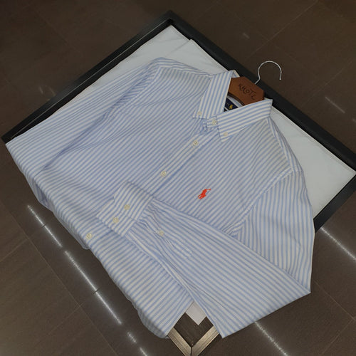 Camisa Ralph Lauren Masculina Azul Bebê Listras Americana Pony Laranja