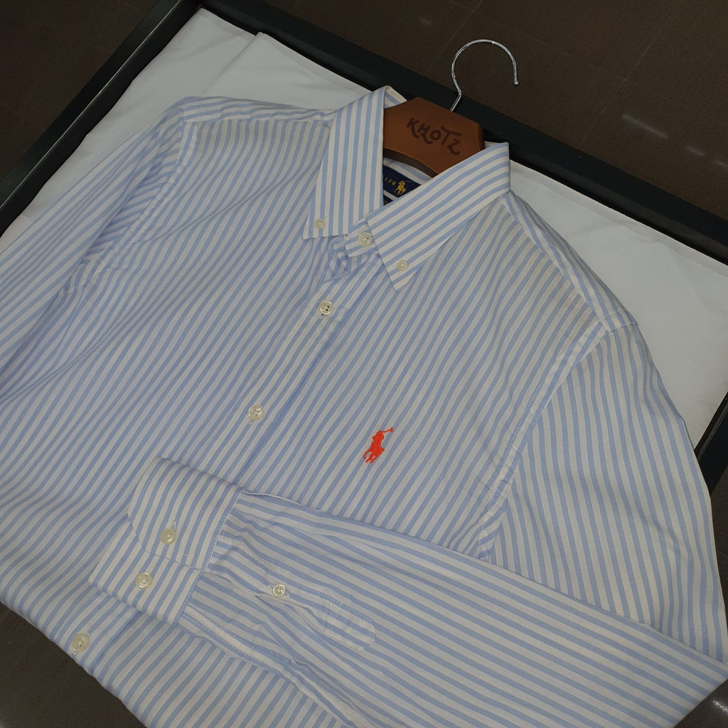 Camisa Ralph Lauren Masculina Azul Bebê Listras Americana Pony Laranja