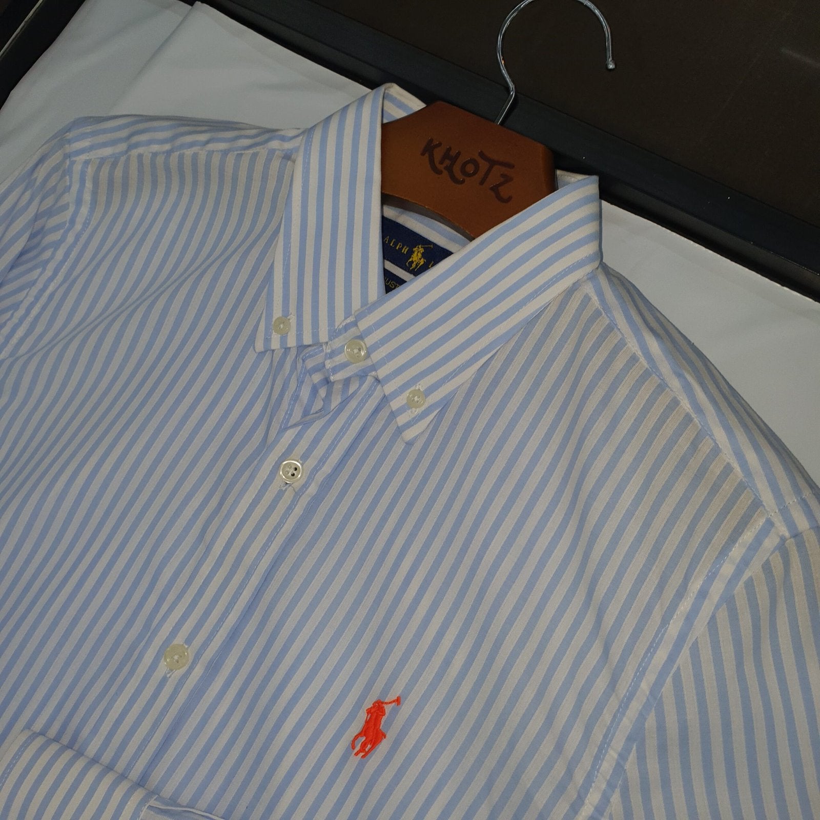 Camisa Ralph Lauren Masculina Azul Bebê Listras Americana Pony Laranja