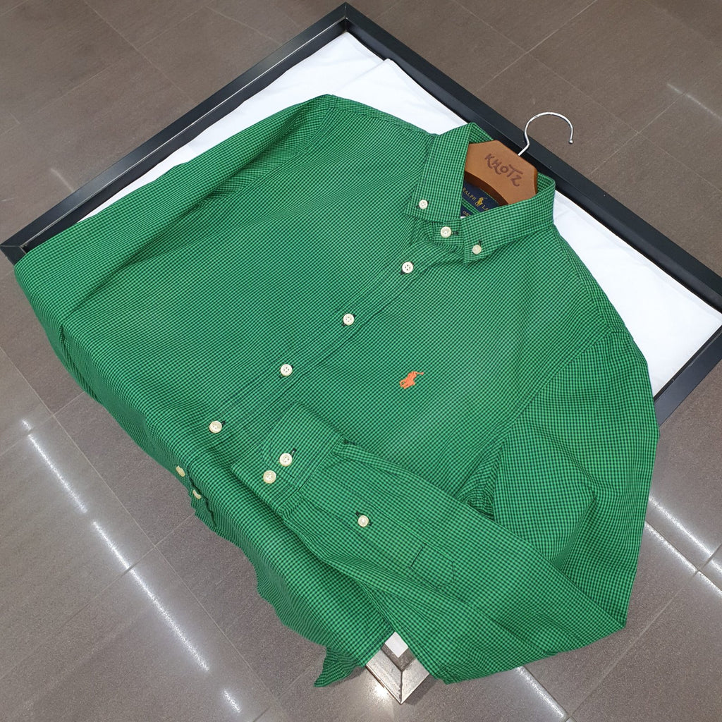 Camisa Ralph Lauren Masculina Micro Xadrez Verde Esmeralda Pony Laranja