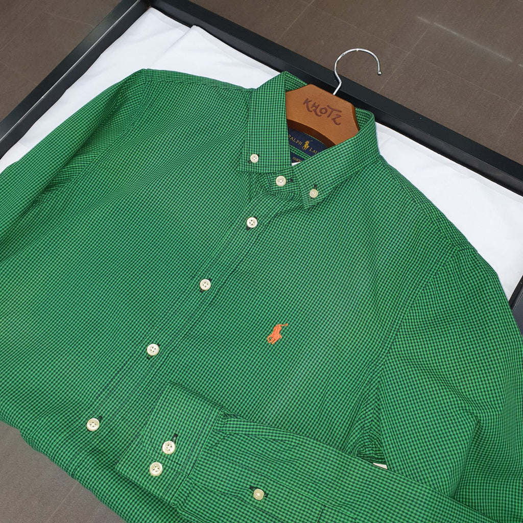 Camisa Ralph Lauren Masculina Micro Xadrez Verde Esmeralda Pony Laranja