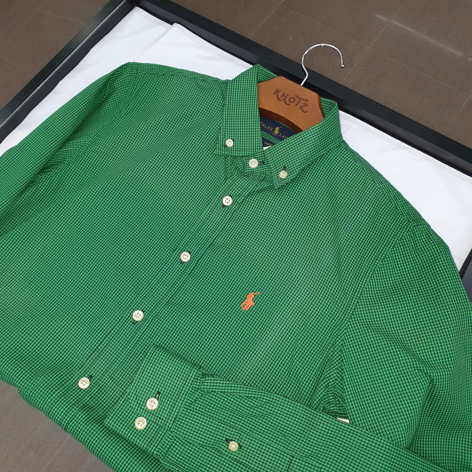 Camisa Ralph Lauren Masculina Micro Xadrez Verde Esmeralda Pony Laranja