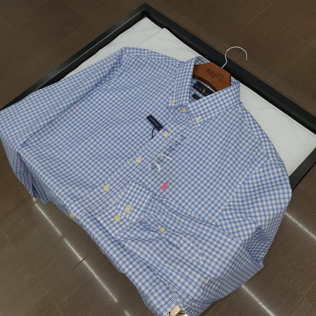 Camisa Ralph Lauren Masculina Xadrez Azul Oceano Pony Rosa