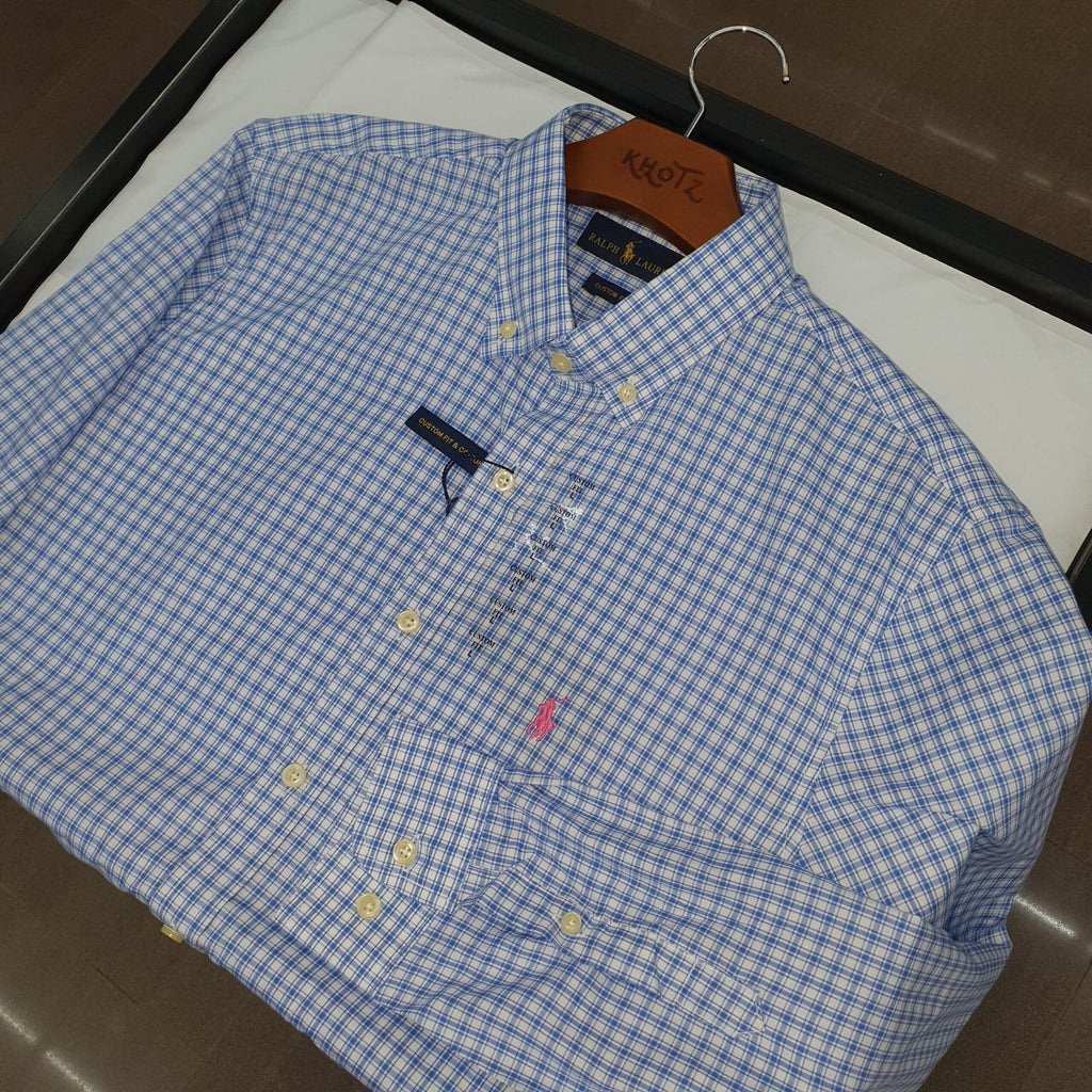 Camisa Ralph Lauren Masculina Xadrez Azul Oceano Pony Rosa