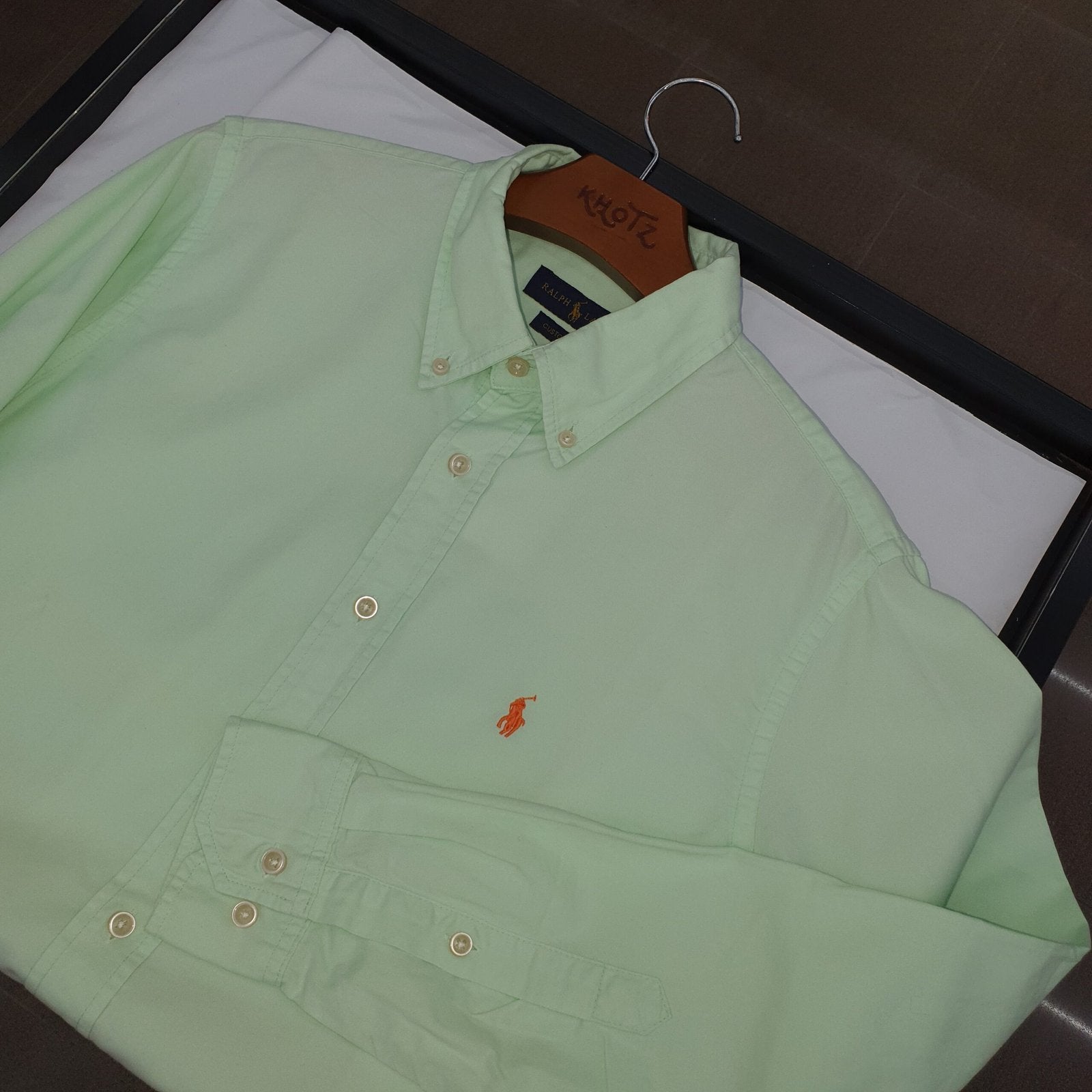Camisa Ralph Lauren Masculina Oxford Sarjeada Verde Água Pony Laranja