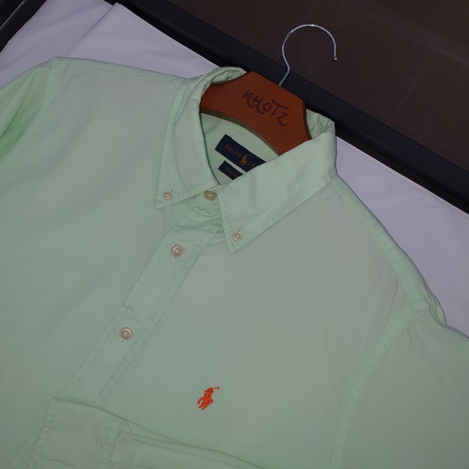 Camisa Ralph Lauren Masculina Oxford Sarjeada Verde Água Pony Laranja