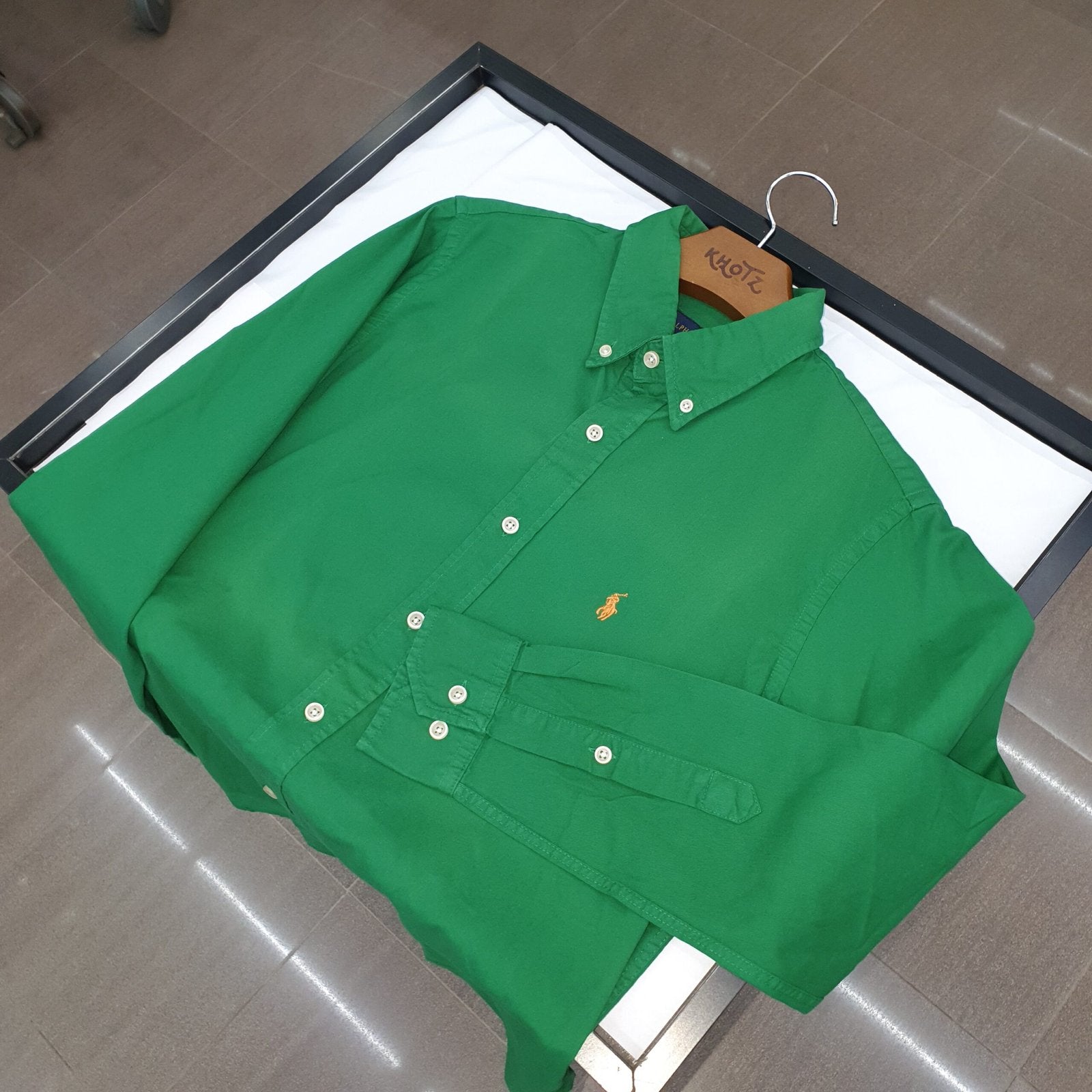 Camisa Ralph Lauren Masculina Oxford Sarjeada Verde Esmeralda Pony Laranja