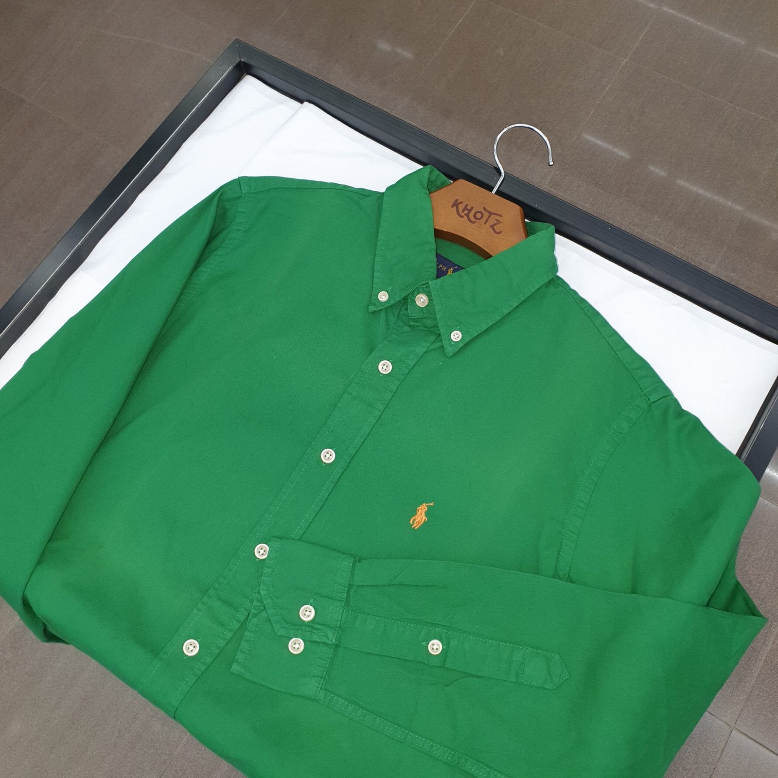 Camisa Ralph Lauren Masculina Oxford Sarjeada Verde Esmeralda Pony Laranja