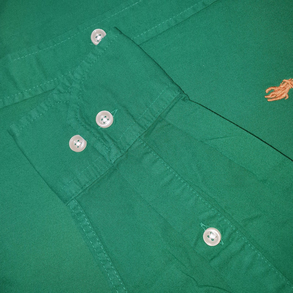Camisa Ralph Lauren Masculina Oxford Sarjeada Verde Esmeralda Pony Laranja