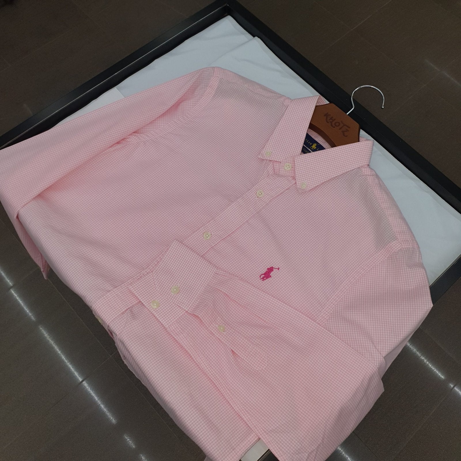 Camisa Ralph Lauren Masculina Micro Xadrez Rosa Pony Cereja