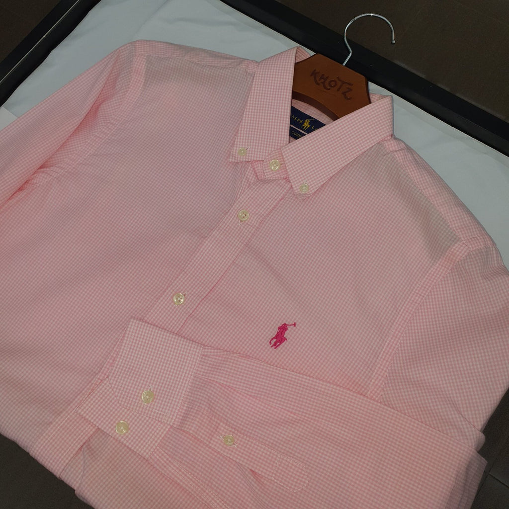 Camisa Ralph Lauren Masculina Micro Xadrez Rosa Pony Cereja