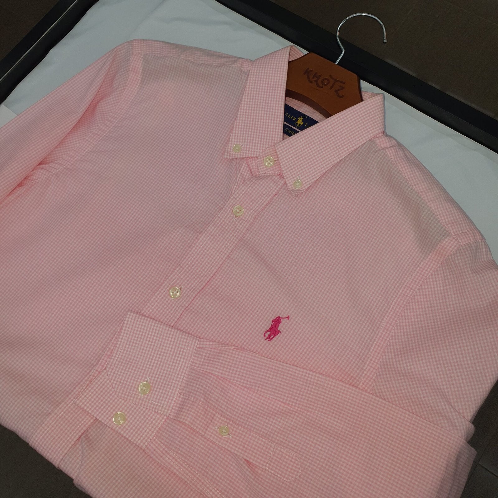 Camisa Ralph Lauren Masculina Micro Xadrez Rosa Pony Cereja