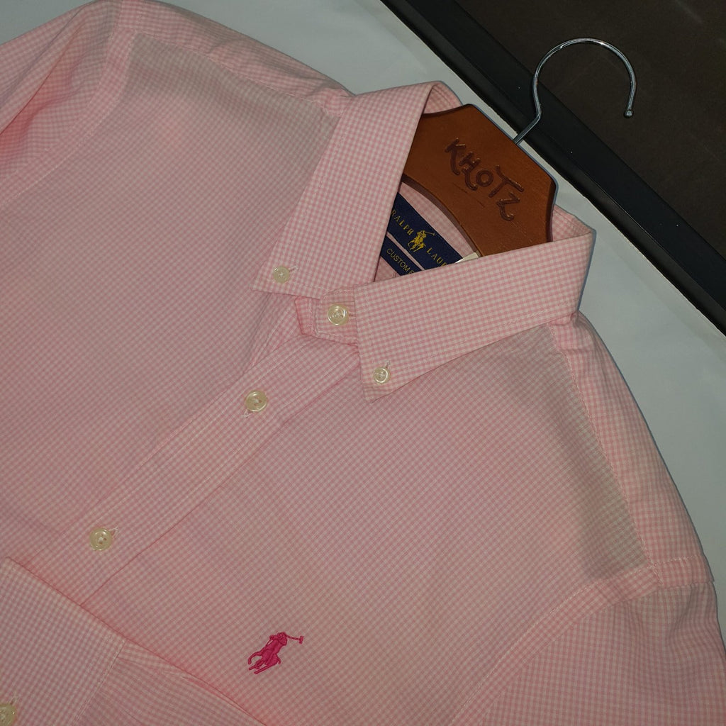 Camisa Ralph Lauren Masculina Micro Xadrez Rosa Pony Cereja