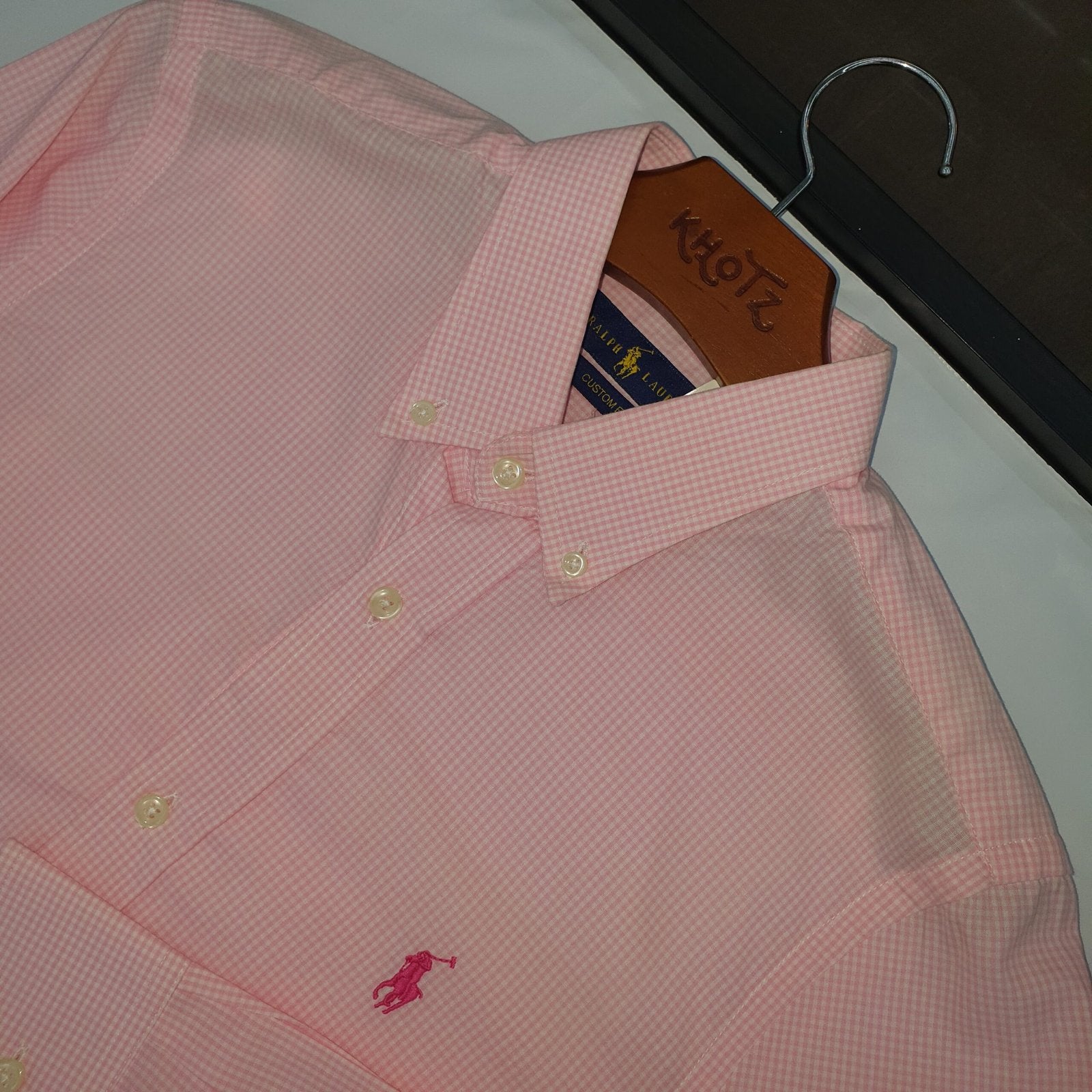 Camisa Ralph Lauren Masculina Micro Xadrez Rosa Pony Cereja