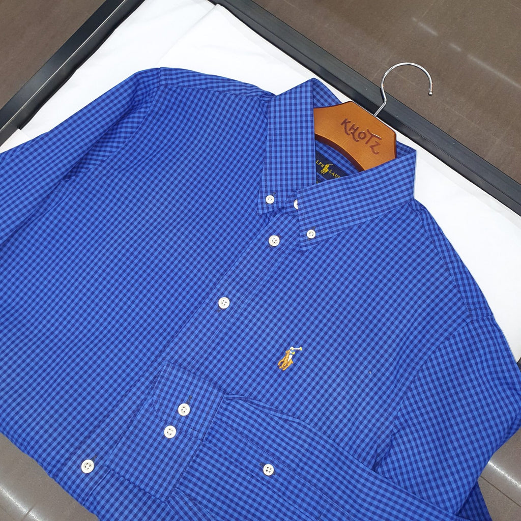 Camisa Ralph Lauren Masculina Micro Xadrez Azul Royal Pony Colorido