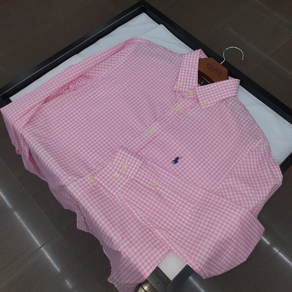 Camisa Ralph Lauren Masculina Xadrez Rosa Minimalista Pony Marinho