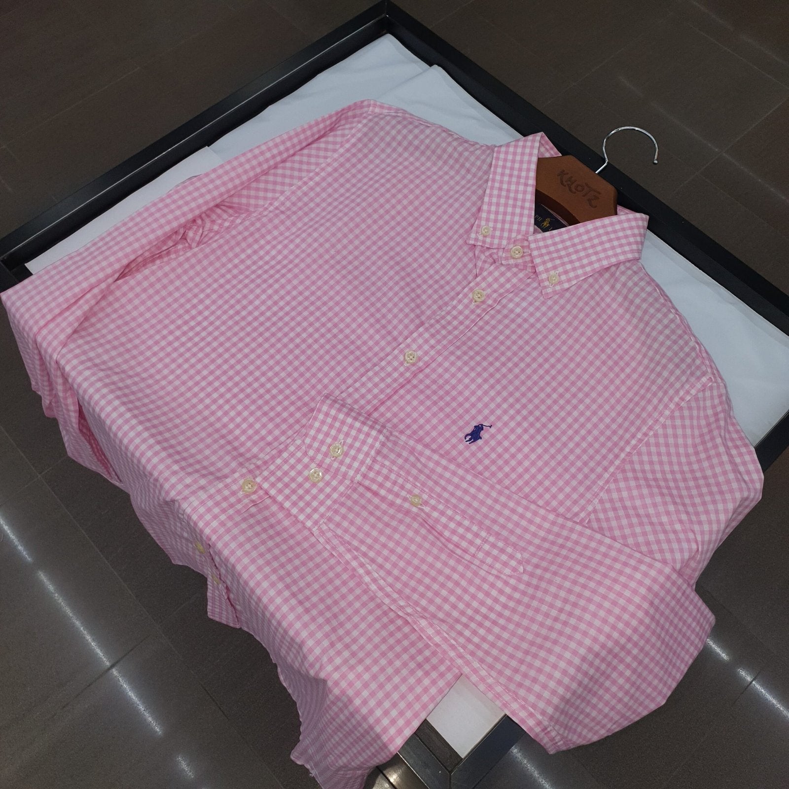Camisa Ralph Lauren Masculina Xadrez Rosa Minimalista Pony Marinho