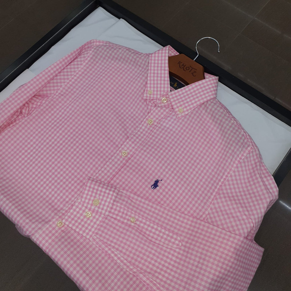 Camisa Ralph Lauren Masculina Xadrez Rosa Minimalista Pony Marinho