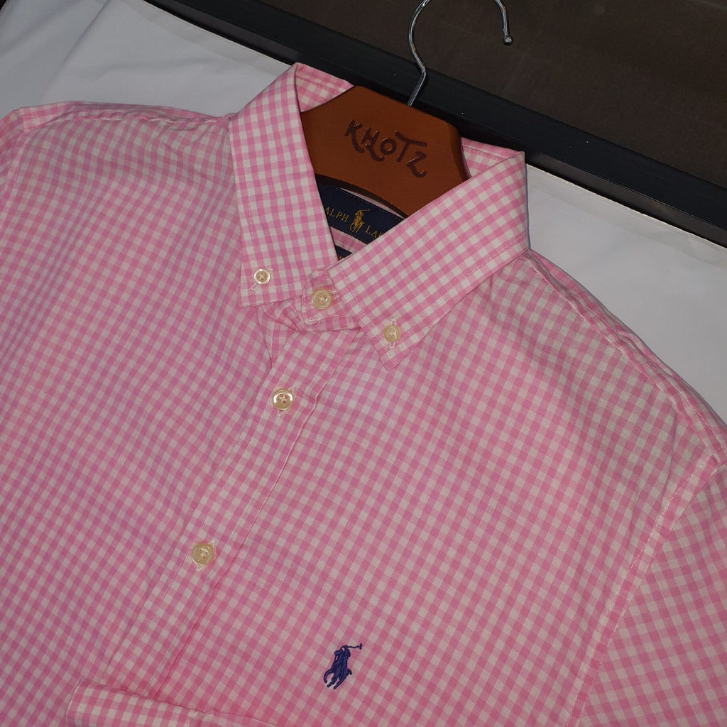 Camisa Ralph Lauren Masculina Xadrez Rosa Minimalista Pony Marinho
