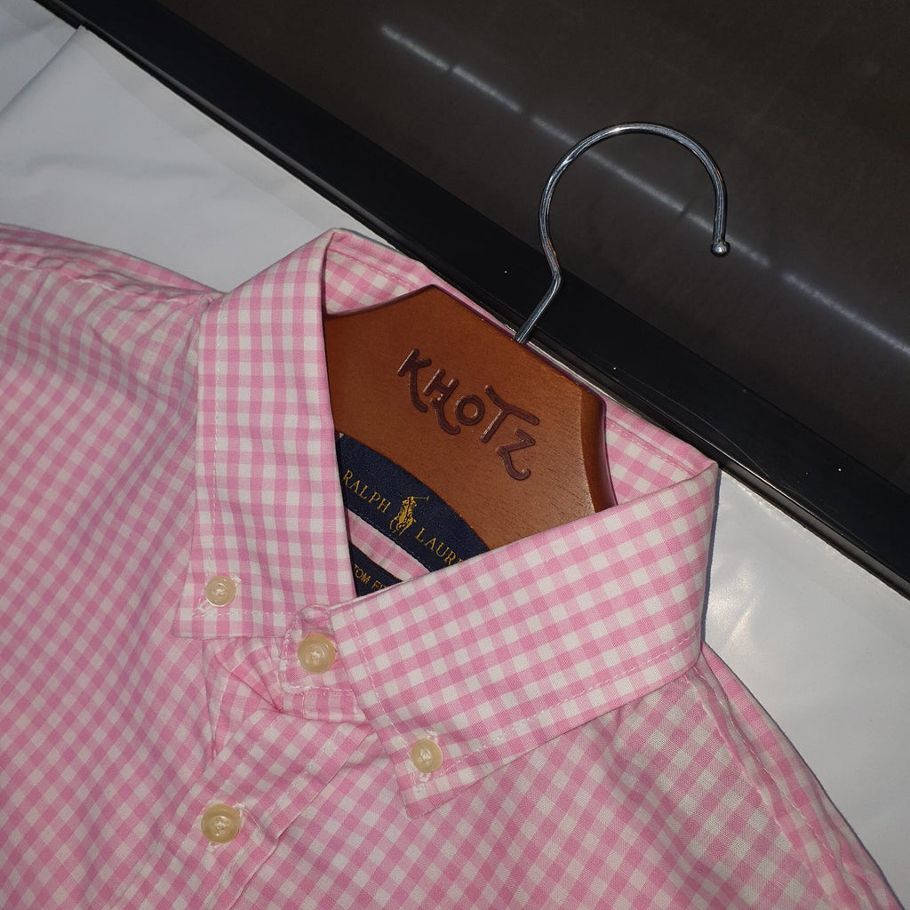 Camisa Ralph Lauren Masculina Xadrez Rosa Minimalista Pony Marinho