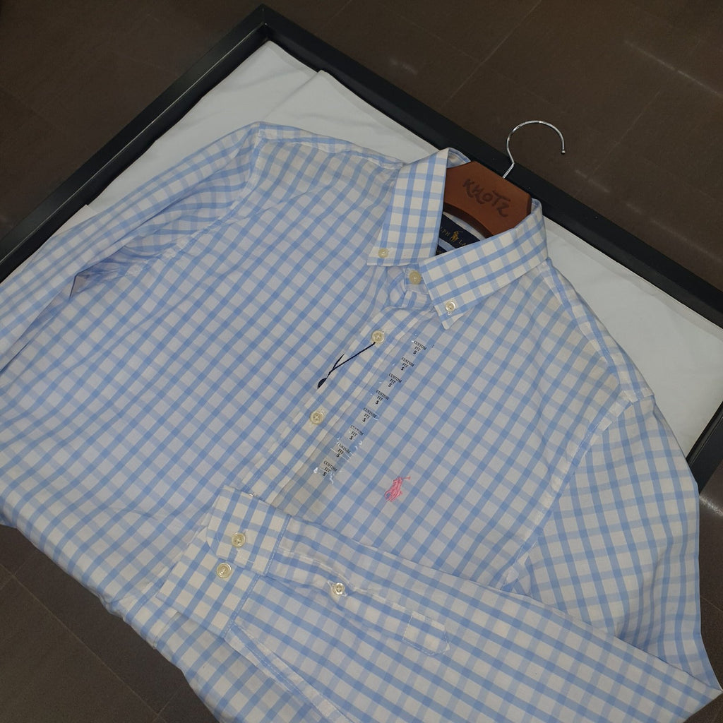 Camisa Ralph Lauren Masculina Xadrez Azul e Branco Pony Rosa