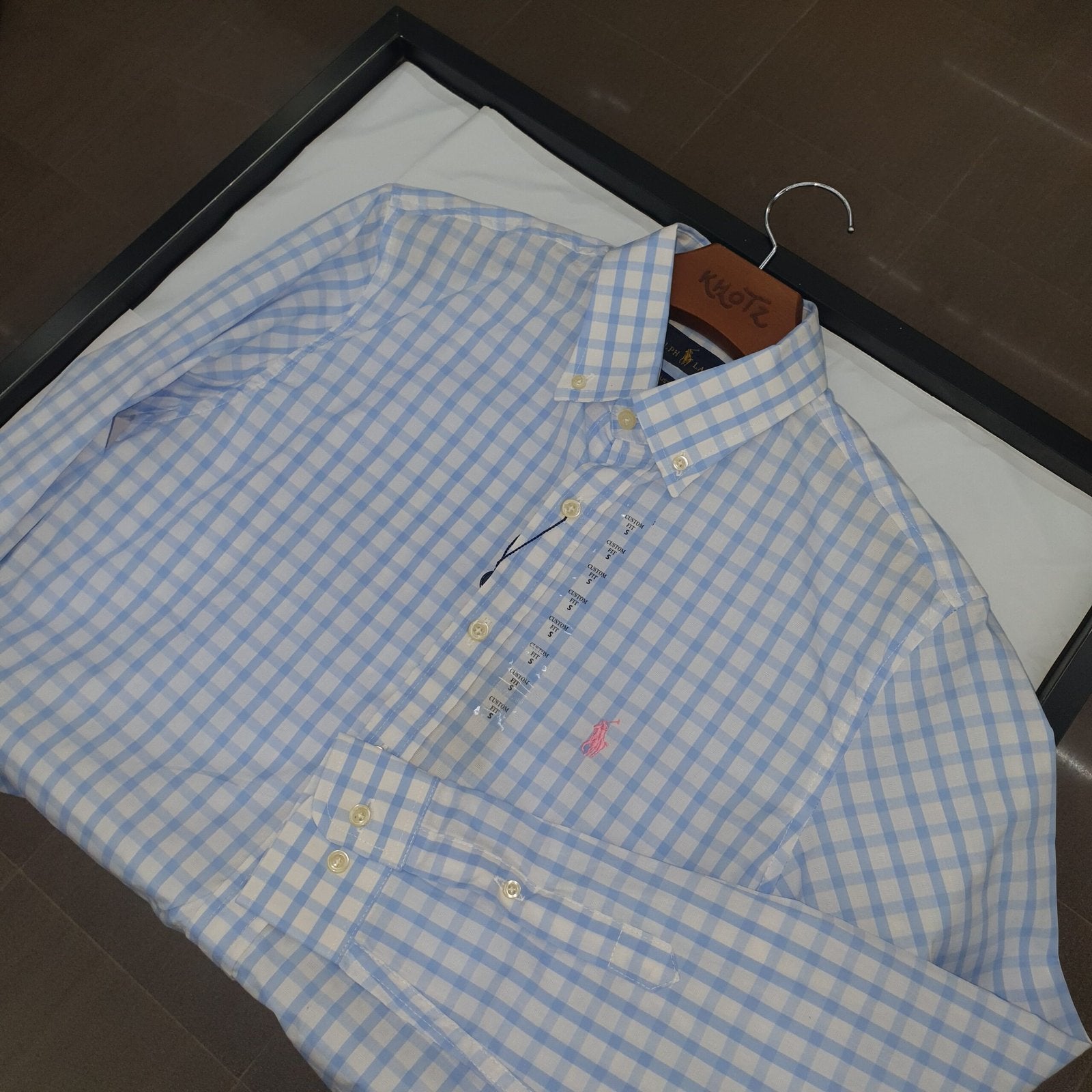 Camisa Ralph Lauren Masculina Xadrez Azul e Branco Pony Rosa