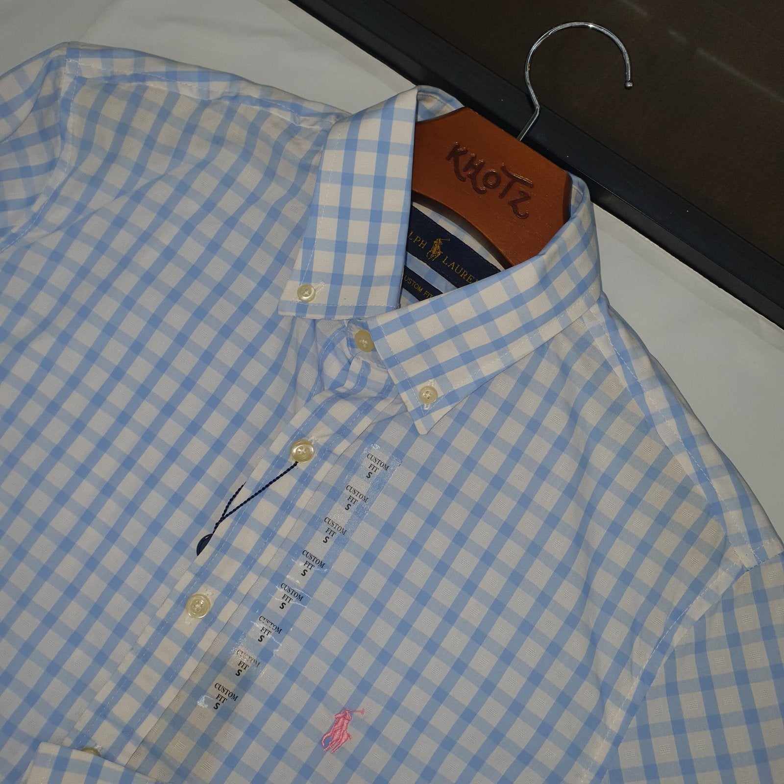 Camisa Ralph Lauren Masculina Xadrez Azul e Branco Pony Rosa