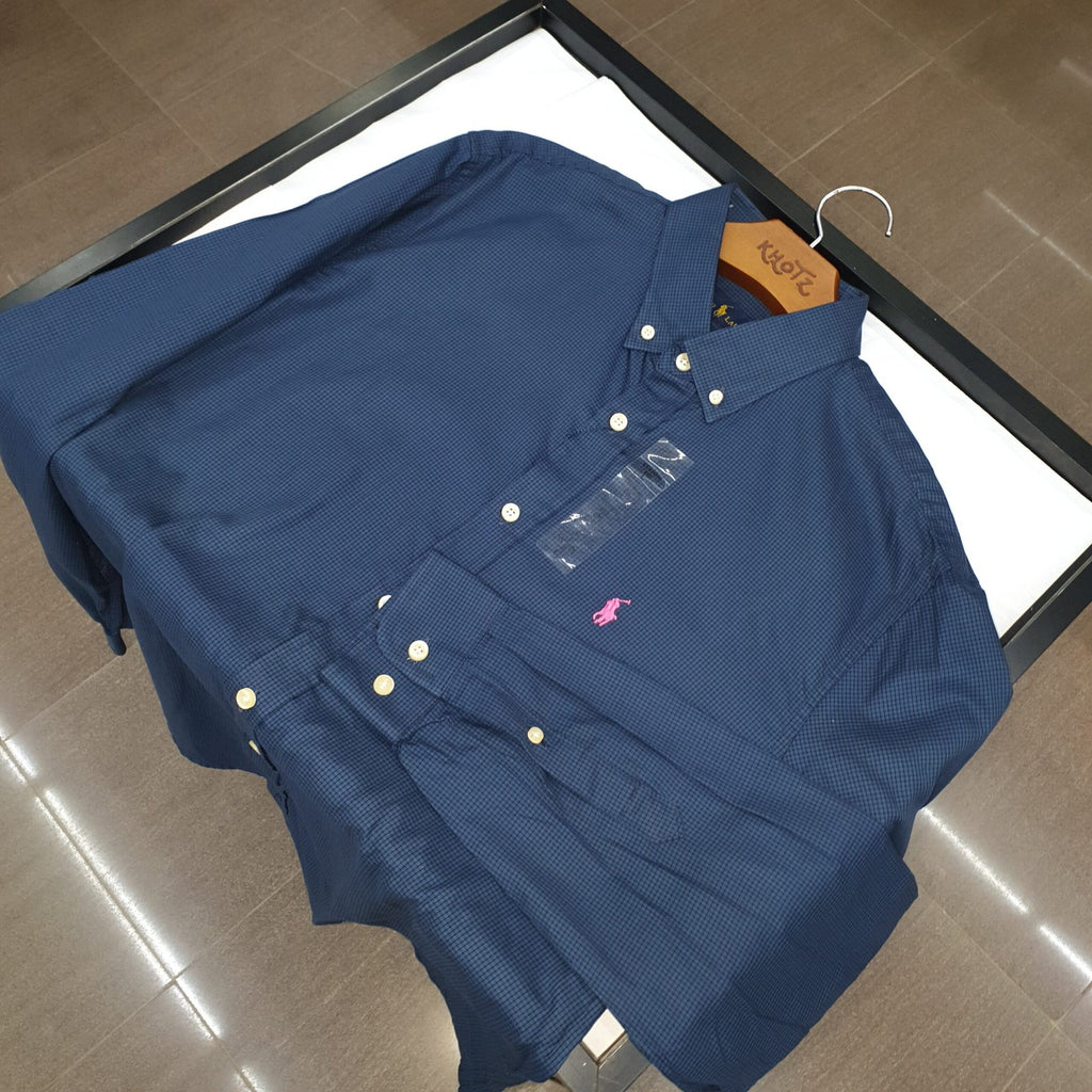 Camisa Ralph Lauren Masculina Micro Xadrez Azul Petróleo Pony Rosa