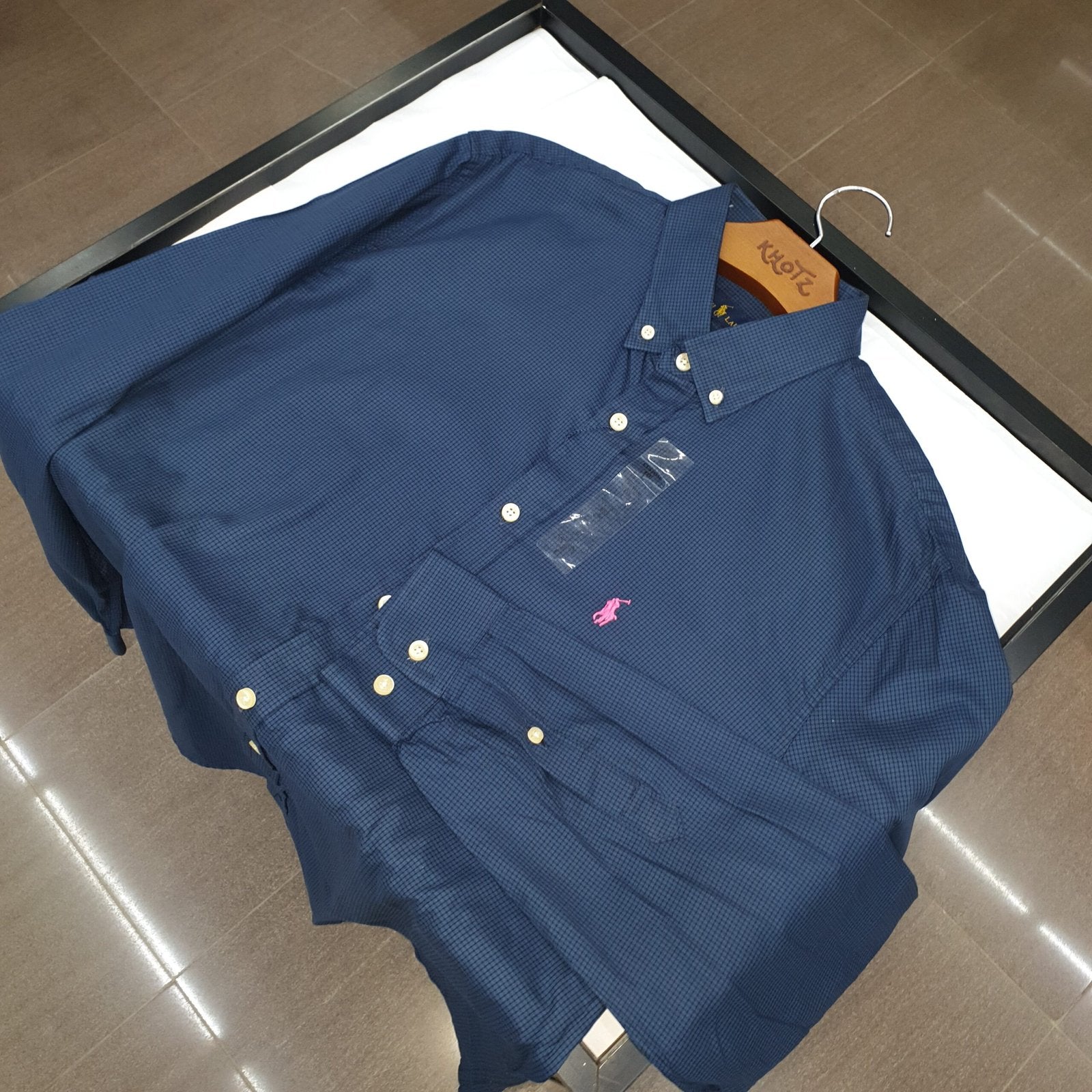 Camisa Ralph Lauren Masculina Micro Xadrez Azul Petróleo Pony Rosa