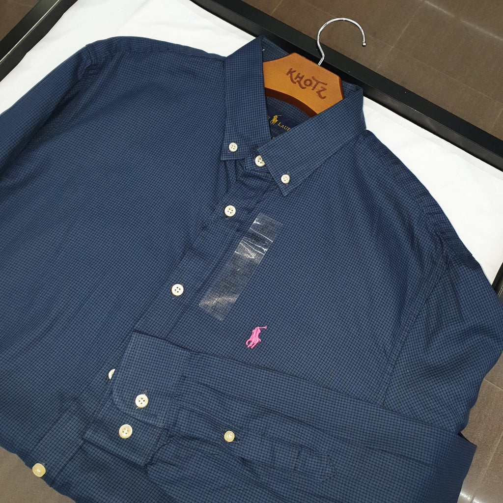 Camisa Ralph Lauren Masculina Micro Xadrez Azul Petróleo Pony Rosa