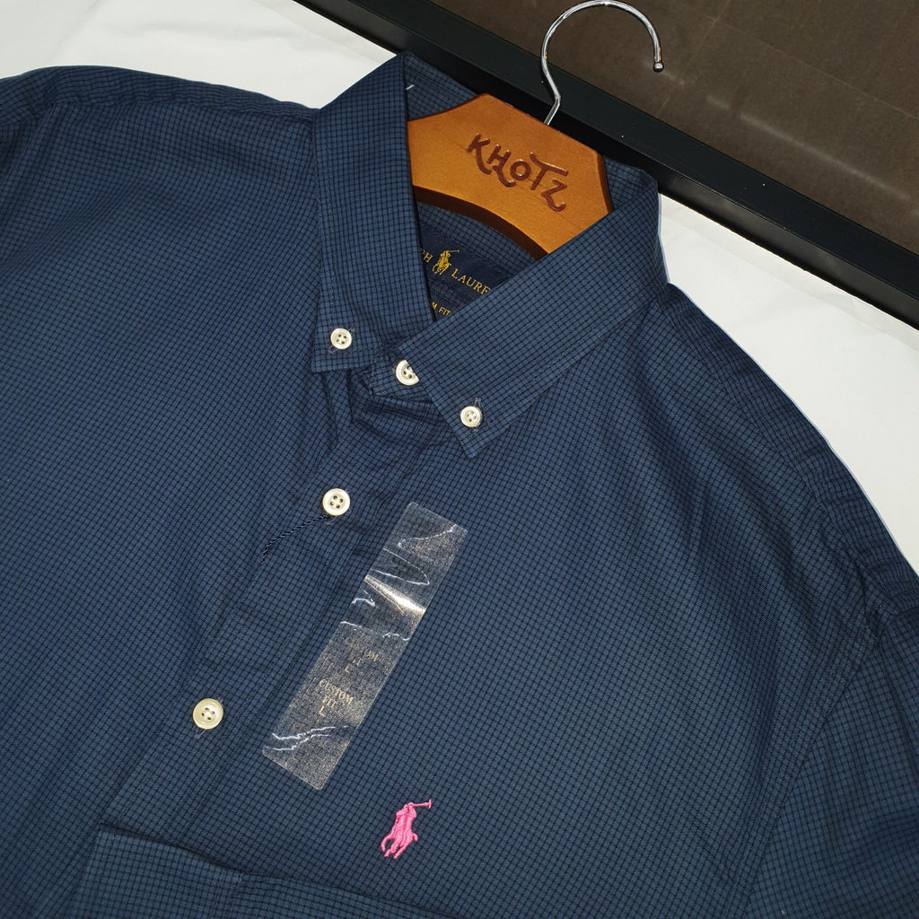 Camisa Ralph Lauren Masculina Micro Xadrez Azul Petróleo Pony Rosa