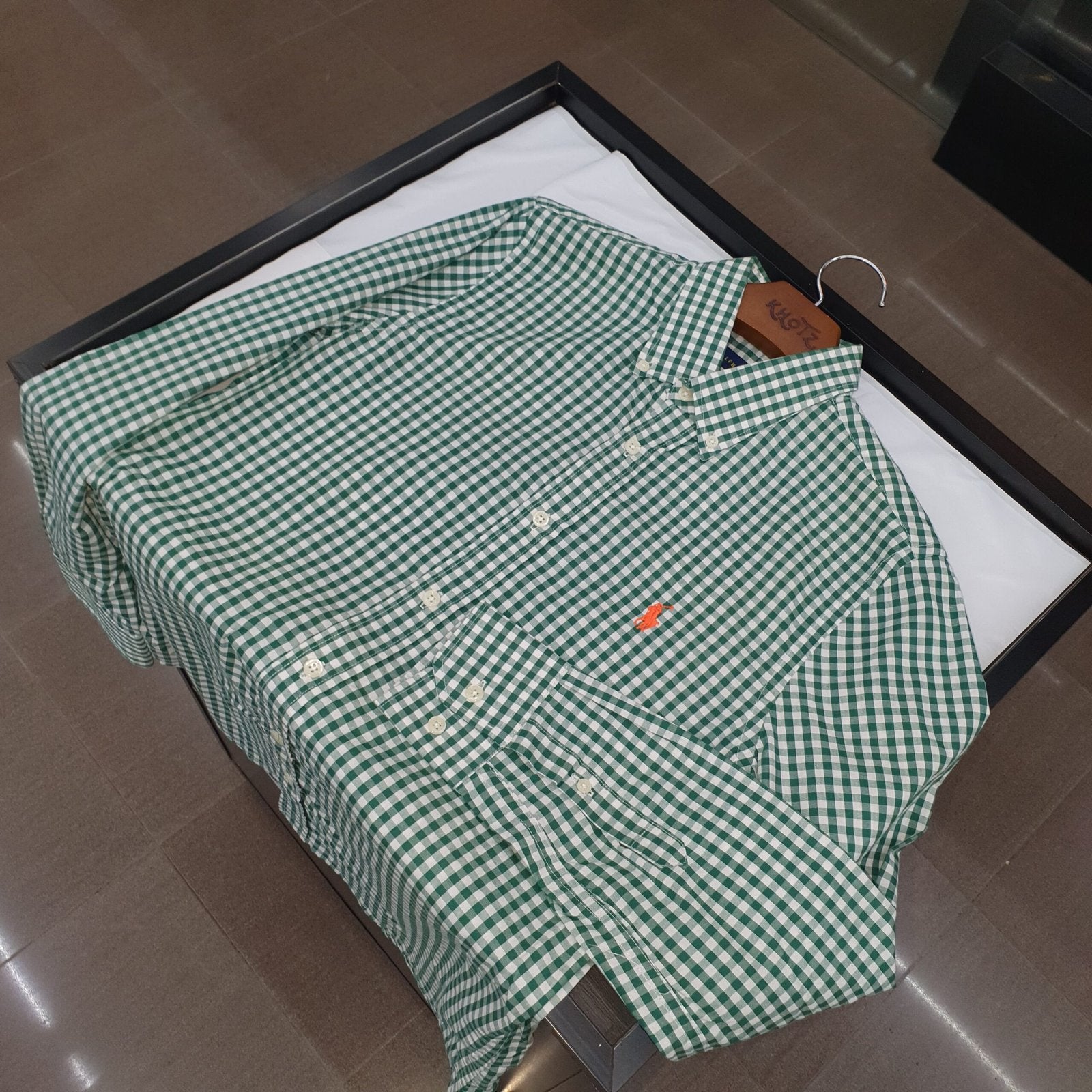Camisa Ralph Lauren Masculina Xadrez Verde e Branco Pony Laranja
