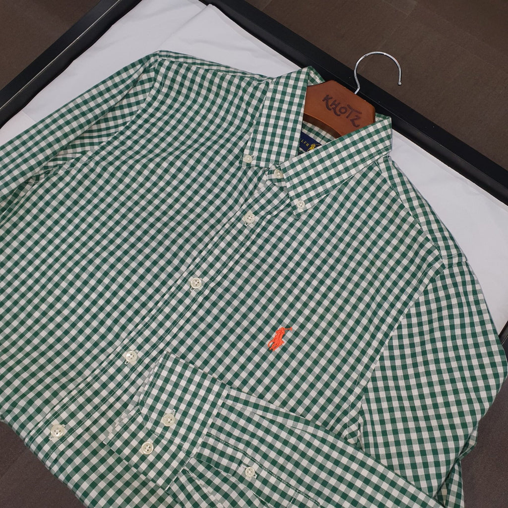 Camisa Ralph Lauren Masculina Xadrez Verde e Branco Pony Laranja