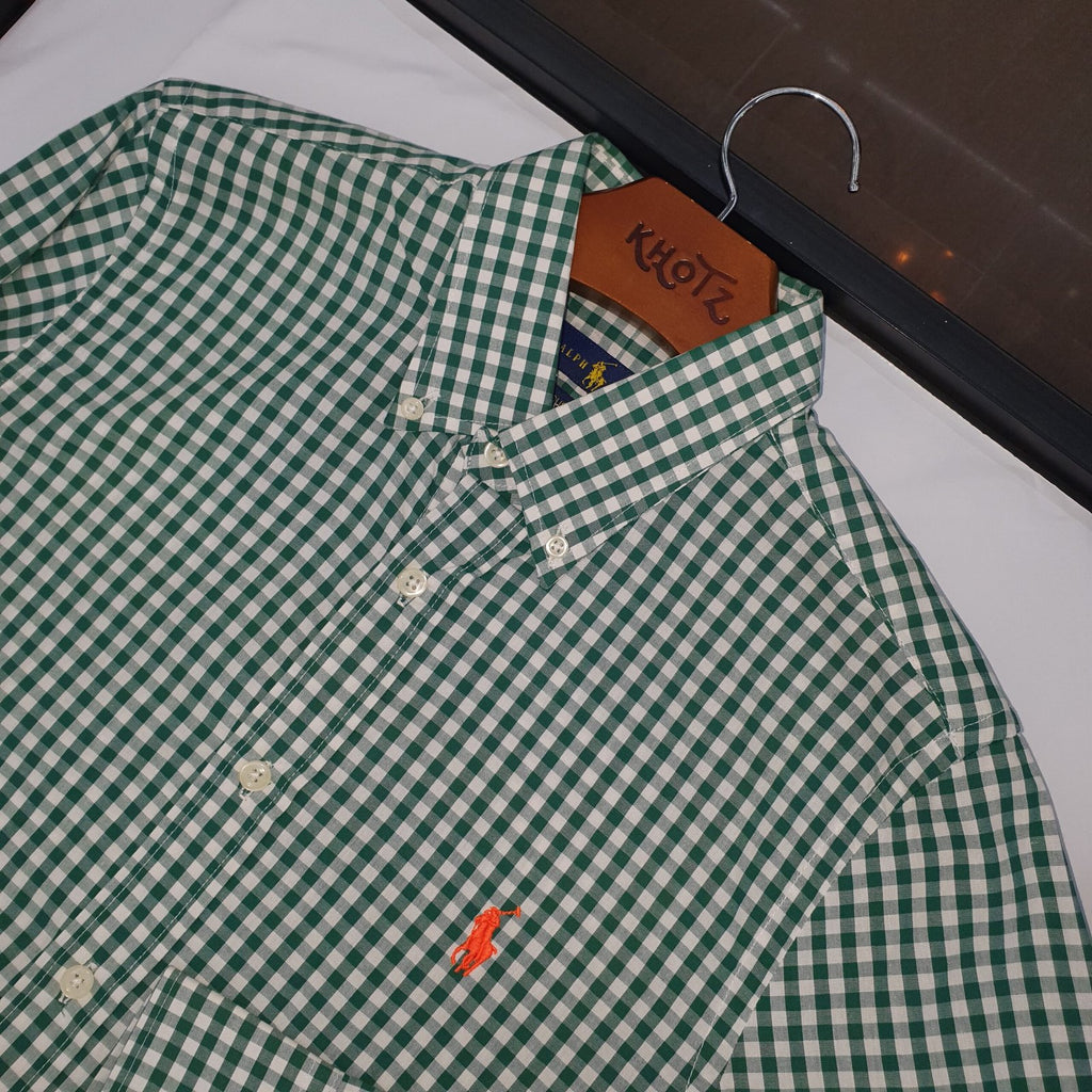 Camisa Ralph Lauren Masculina Xadrez Verde e Branco Pony Laranja