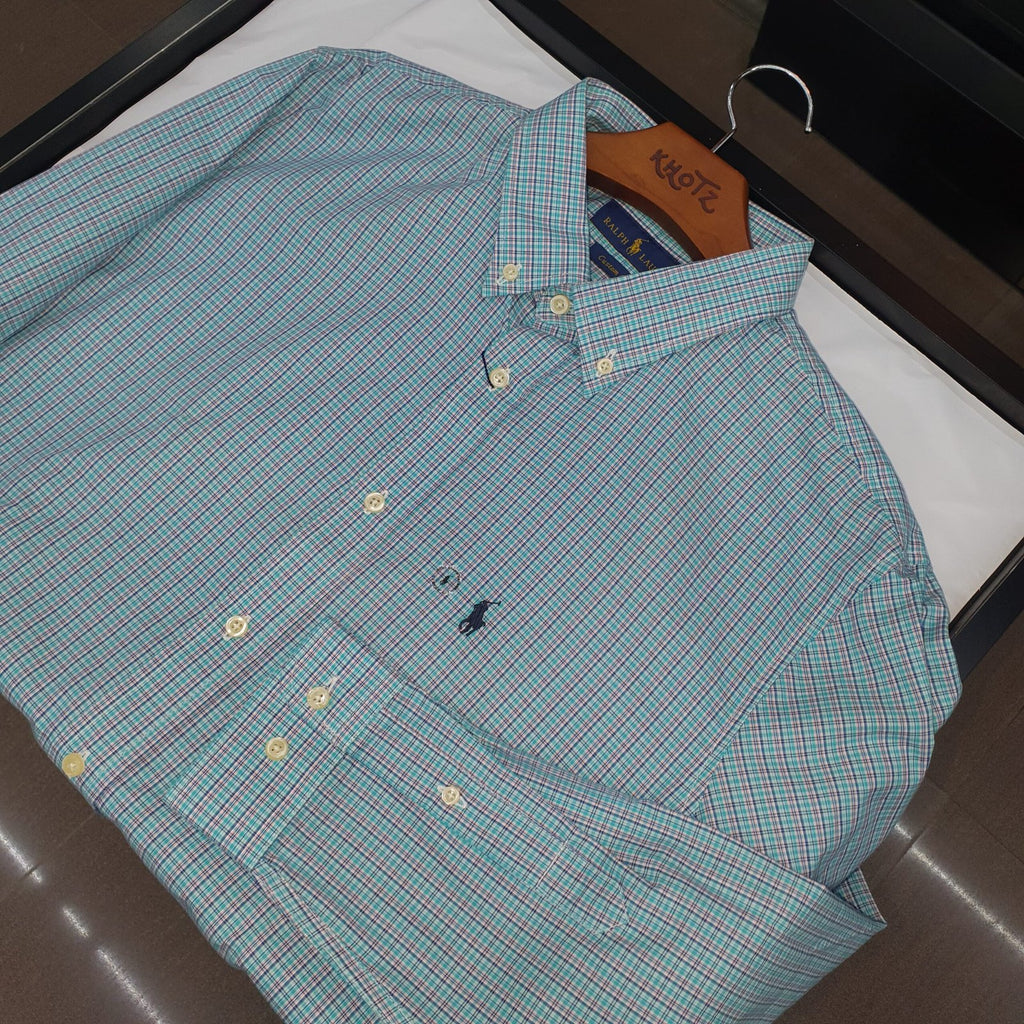 Camisa Ralph Lauren Masculina Xadrez Algodão Doce Pony Petróleo