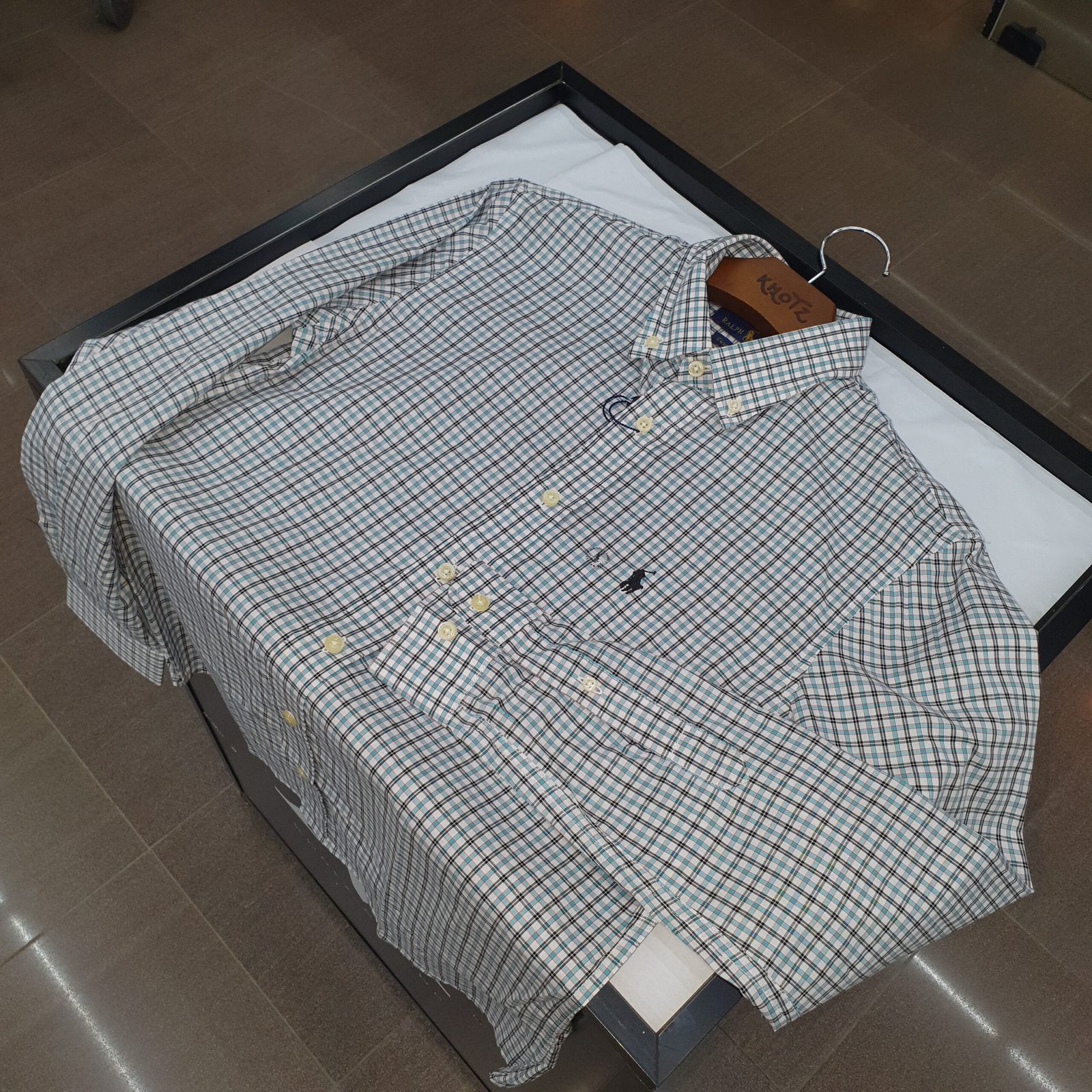 Camisa Ralph Lauren Masculina Xadrez Azul Tricolor Pony Preto