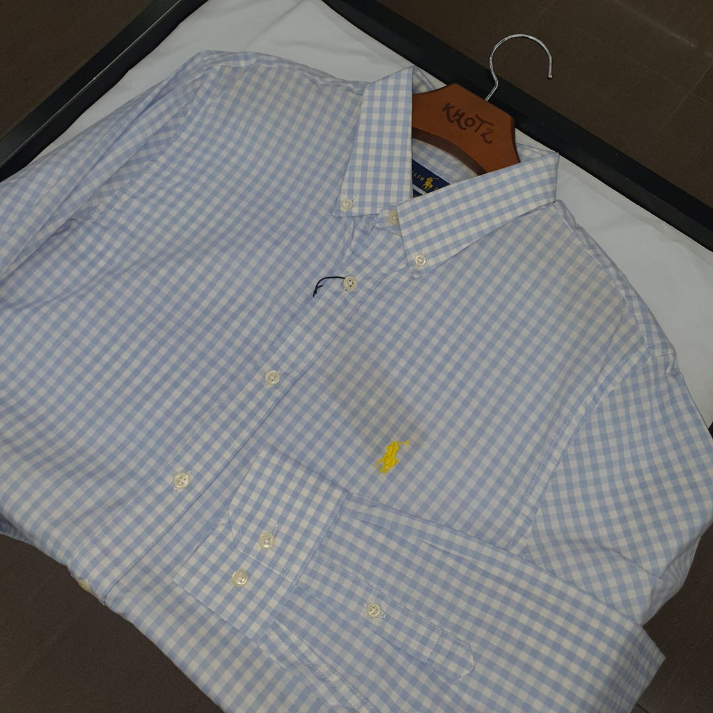 Camisa Ralph Lauren Masculina Xadrez Azul Piscina Pony Amarelo