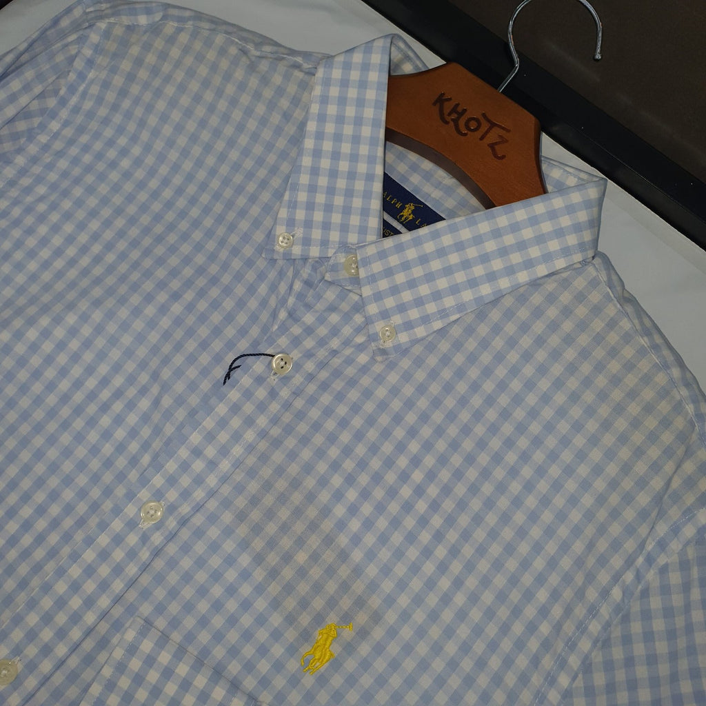 Camisa Ralph Lauren Masculina Xadrez Azul Piscina Pony Amarelo