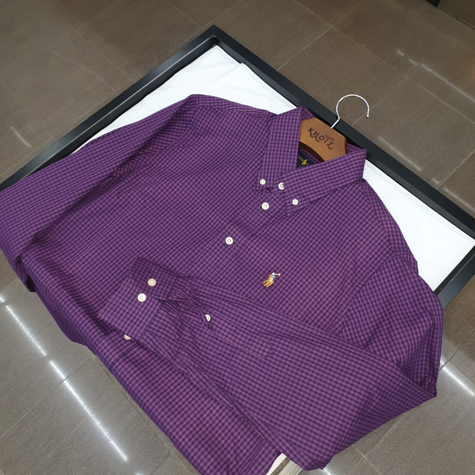 Camisa Ralph Lauren Masculina Micro Xadrez Roxa Pony Colorido