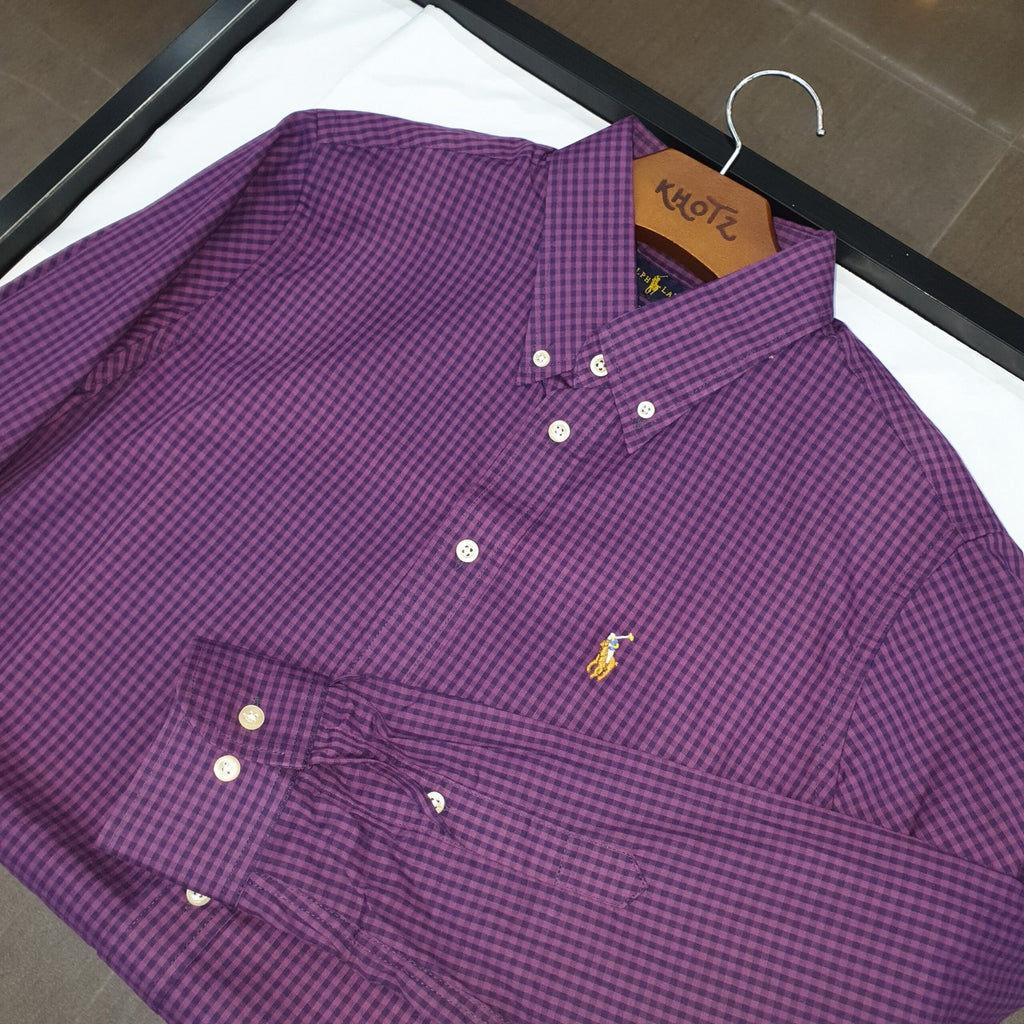 Camisa Ralph Lauren Masculina Micro Xadrez Roxa Pony Colorido