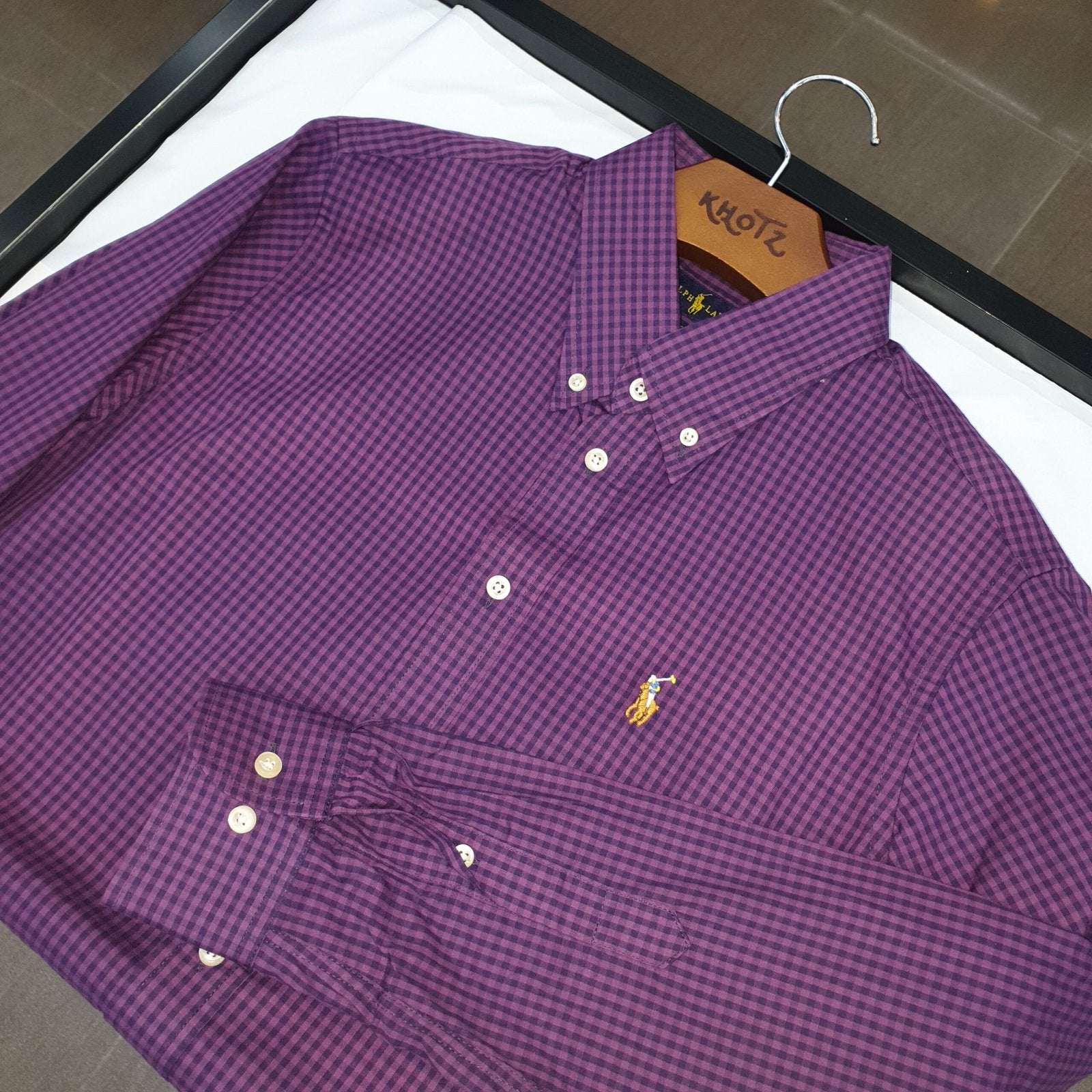 Camisa Ralph Lauren Masculina Micro Xadrez Roxa Pony Colorido