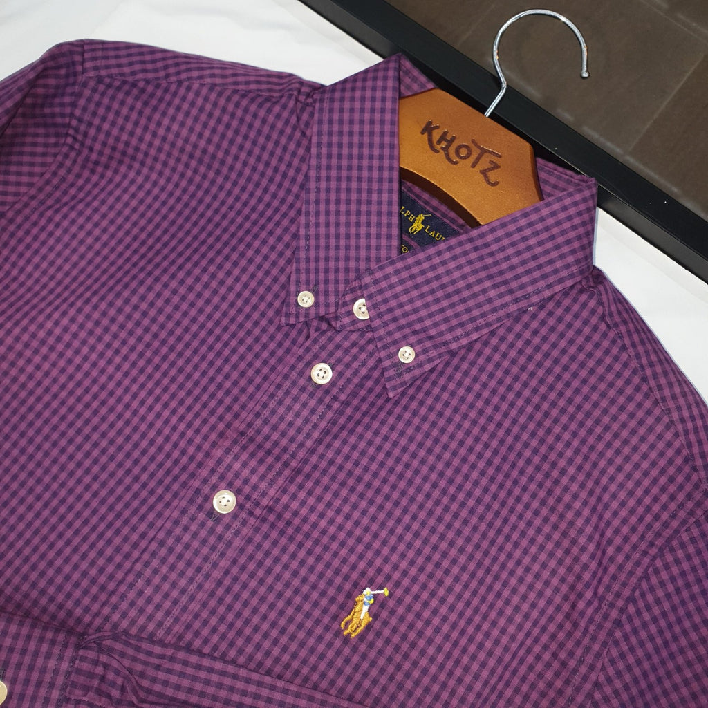 Camisa Ralph Lauren Masculina Micro Xadrez Roxa Pony Colorido
