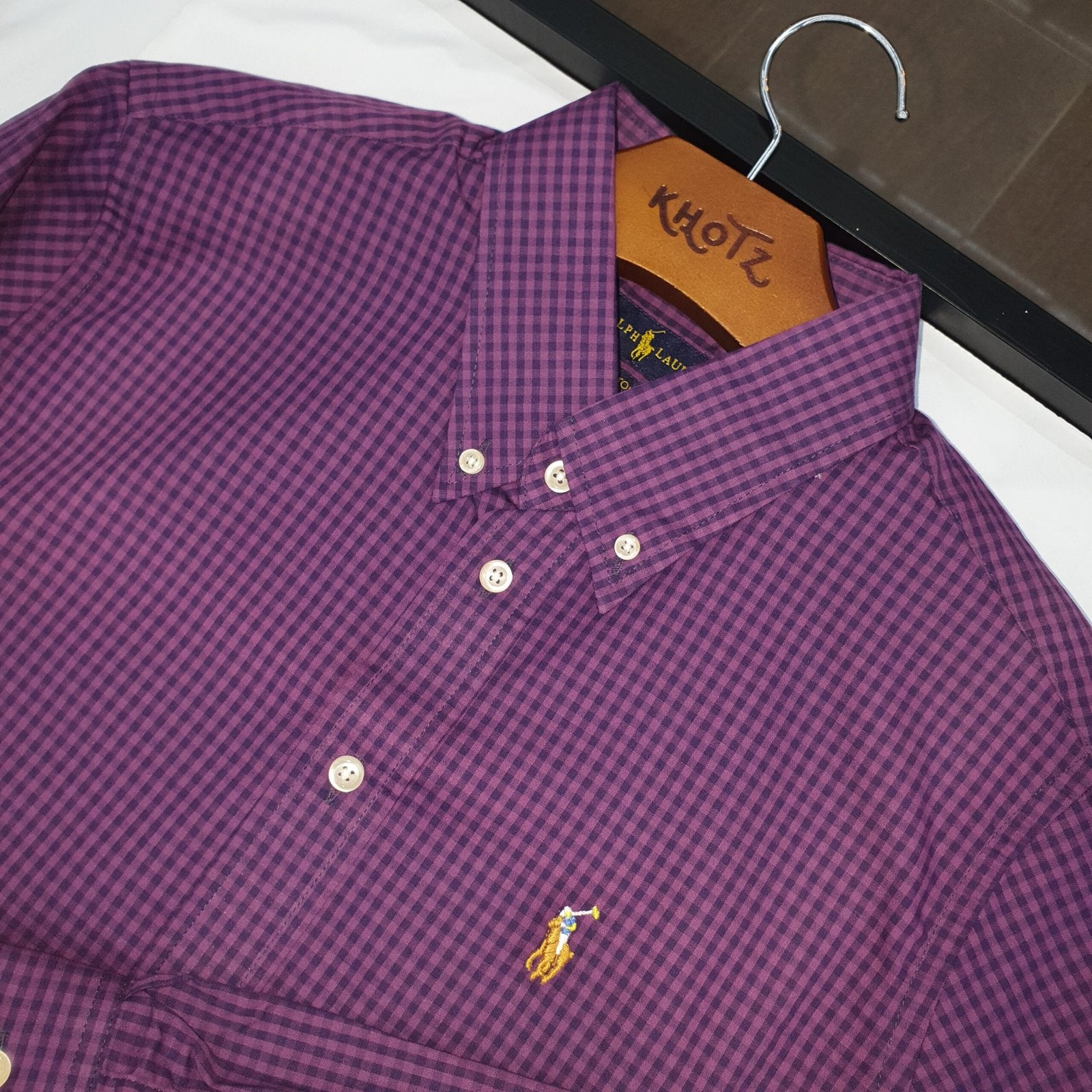 Camisa Ralph Lauren Masculina Micro Xadrez Roxa Pony Colorido