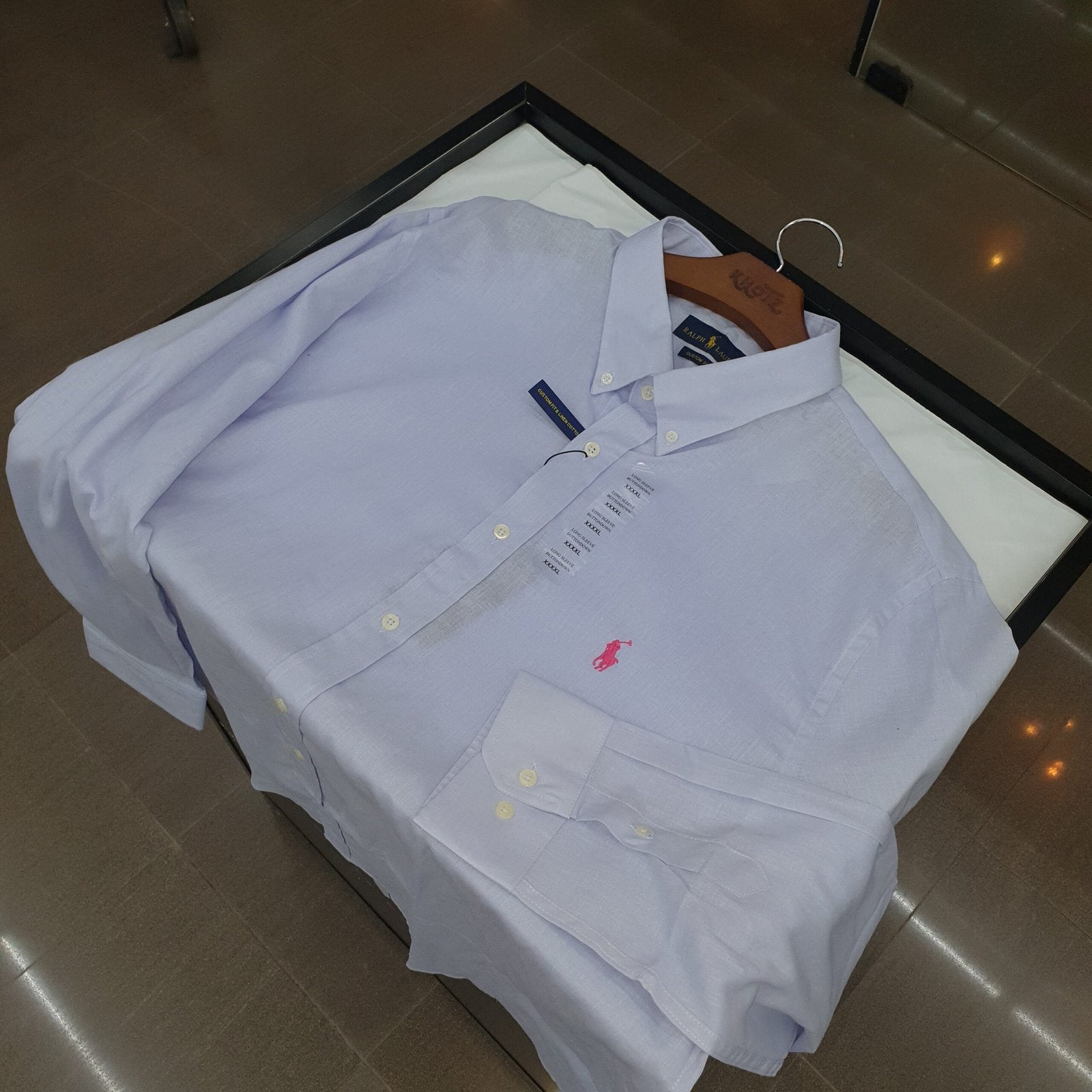 Camisa Ralph Lauren Masculina Linho cor Azul Bebê Pony Rosa
