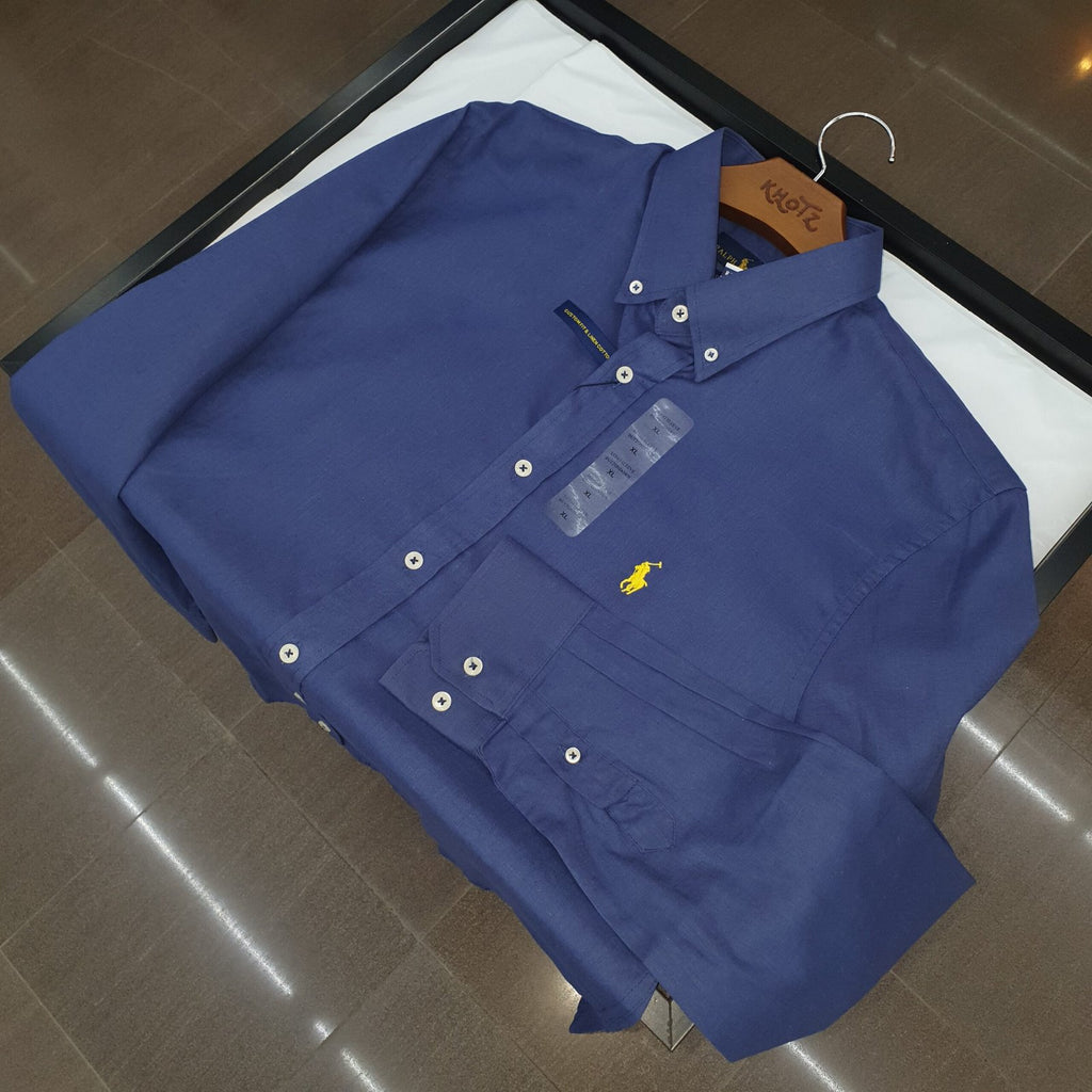 Camisa Ralph Lauren Masculina Linho cor Azul Naval Pony Amarelo