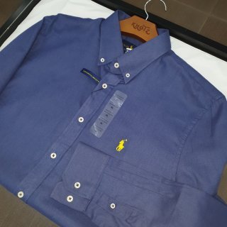 Camisa Ralph Lauren Masculina Linho cor Azul Naval Pony Amarelo