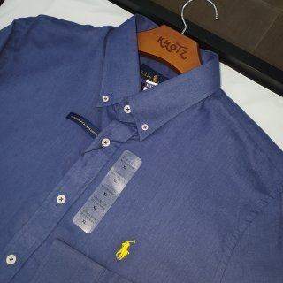 Camisa Ralph Lauren Masculina Linho cor Azul Naval Pony Amarelo
