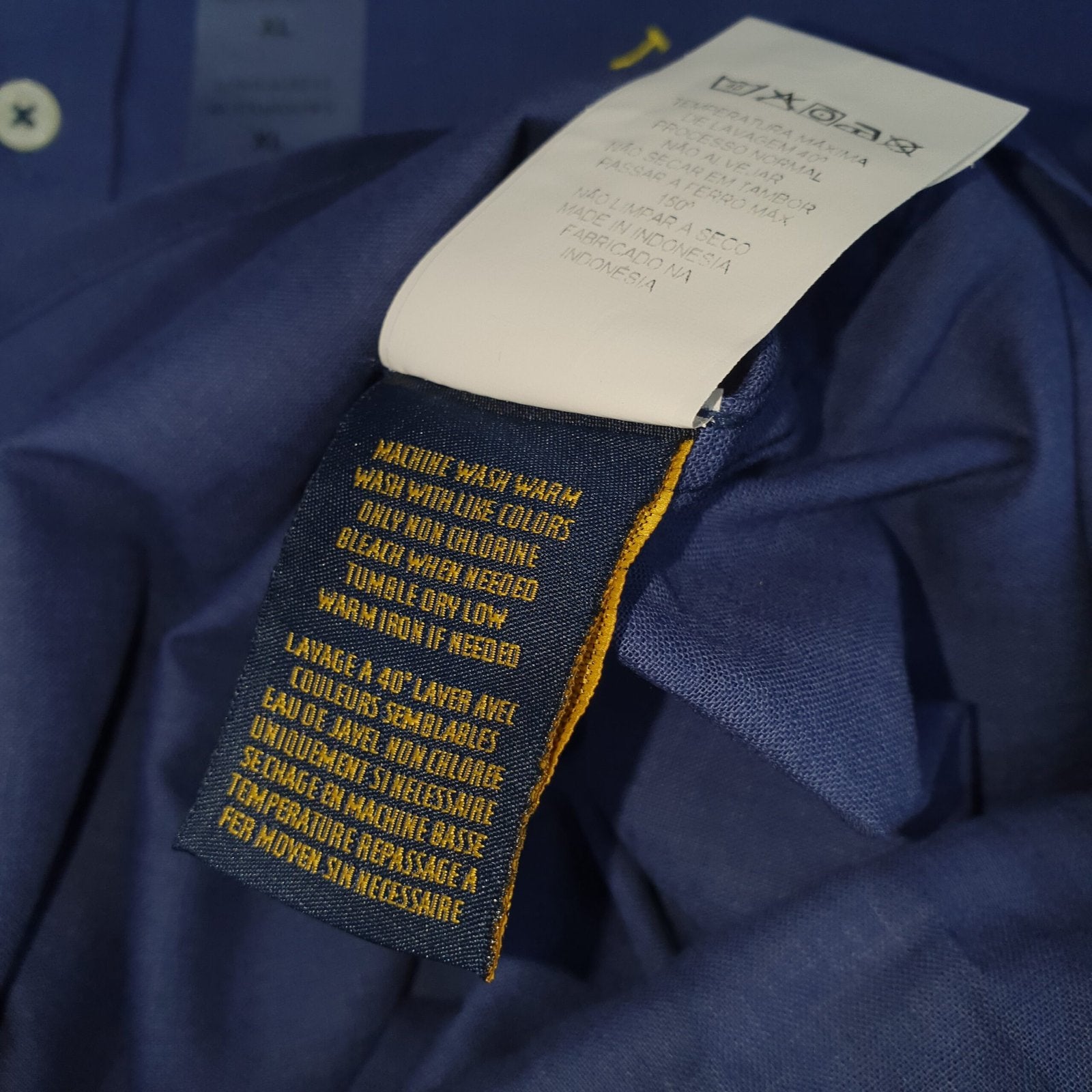 Camisa Ralph Lauren Masculina Linho cor Azul Naval Pony Amarelo